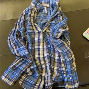Free People Blue Button Down Plaid Shirt